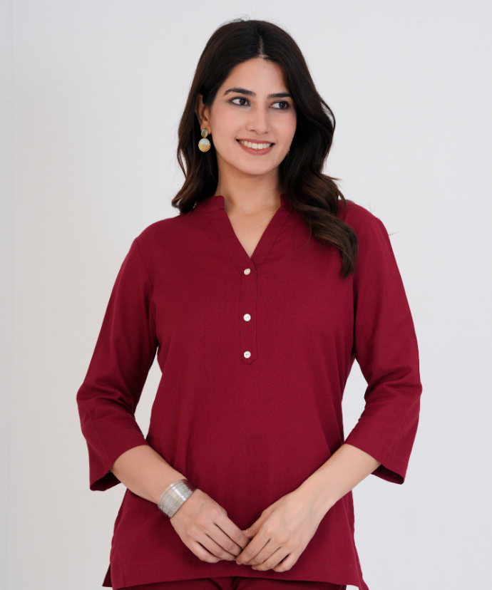 Maroon Airy Linen Short Kurta Co-ord Set