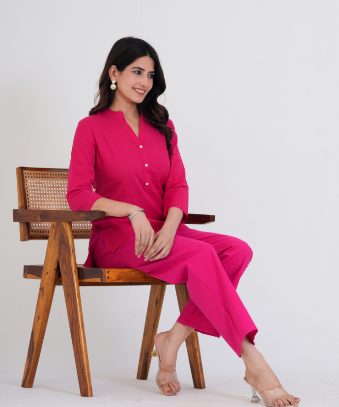 Christmas Rose Airy Linen Short Kurta Co-ord Set