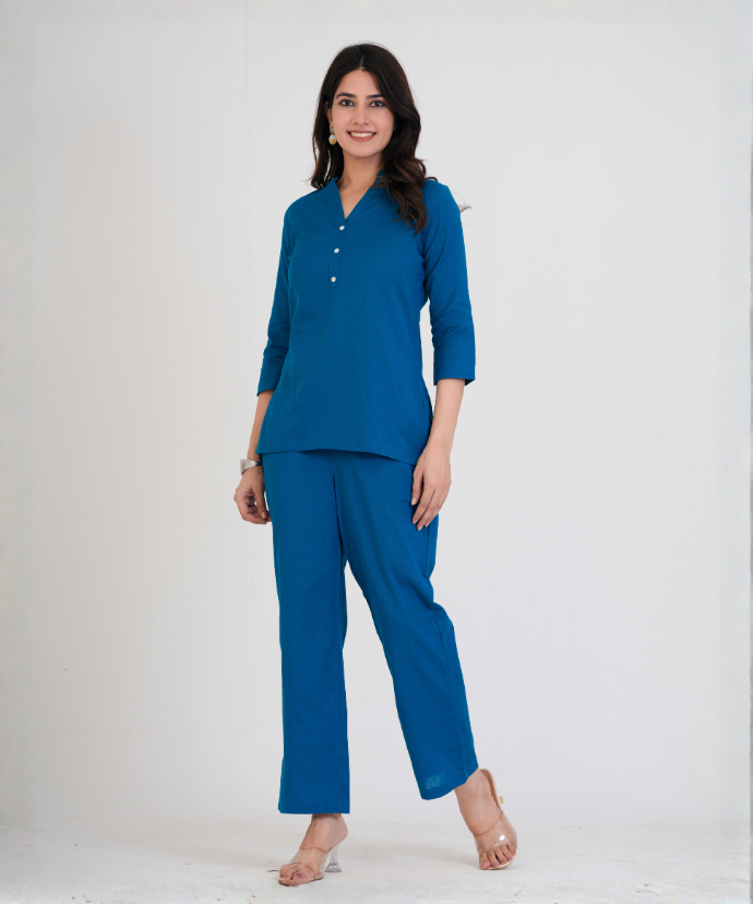 Turquoise Airy Linen Short Kurta Co-ord Set