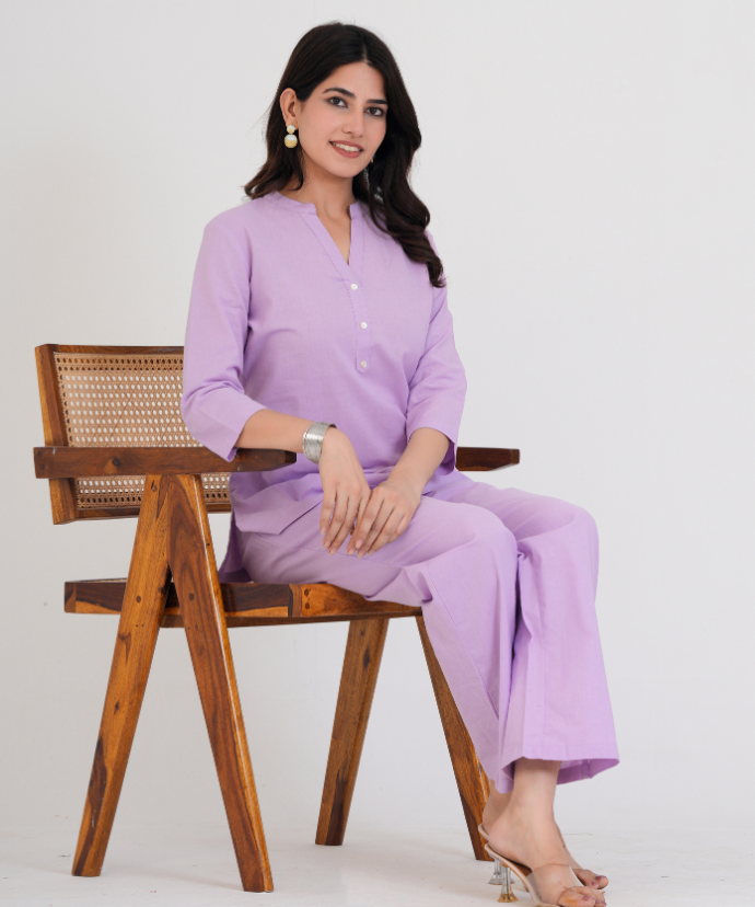 Lilac Airy Linen Short Kurta Co-ord Set