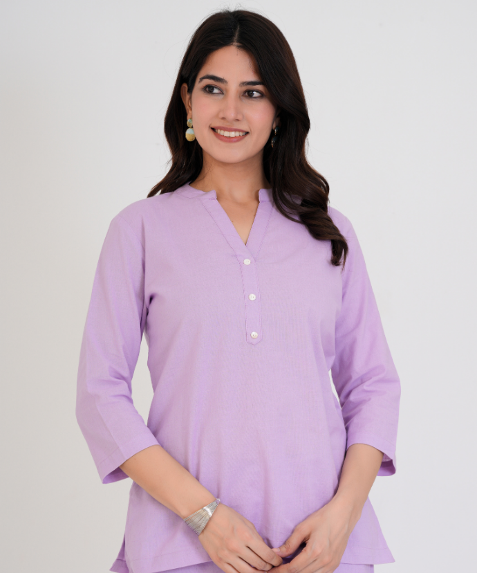 Lilac Airy Linen Short Kurta Co-ord Set