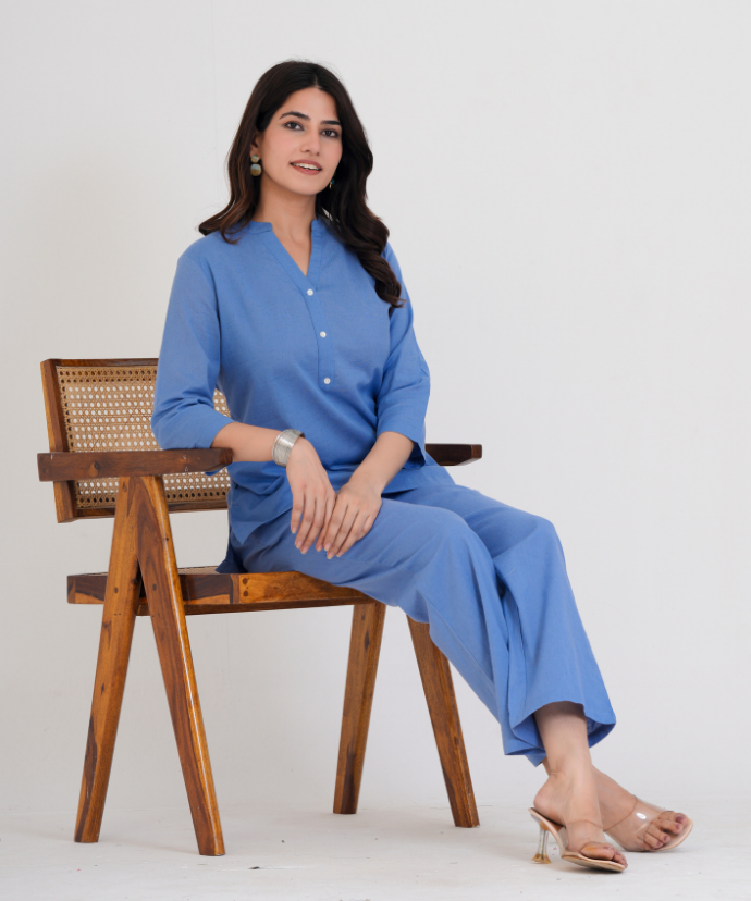 English Blue Airy Linen Short Kurta Co-ord Set