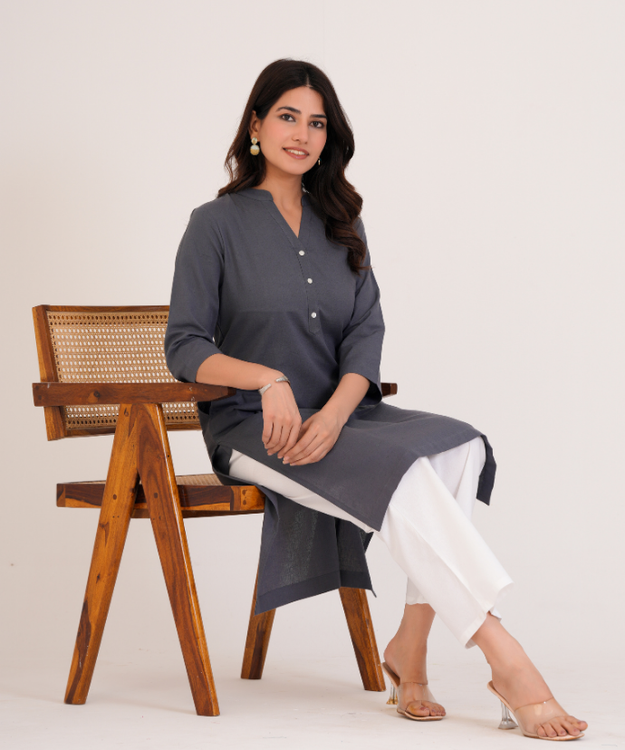 Slate Grey Airy Linen Long Kurta