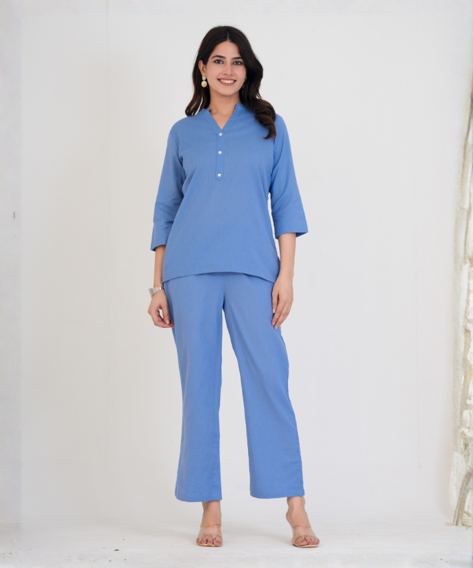English Blue Airy Linen Short Kurta Co-ord Set