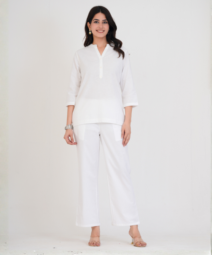 White Airy Linen Short Kurta Co-ord Set