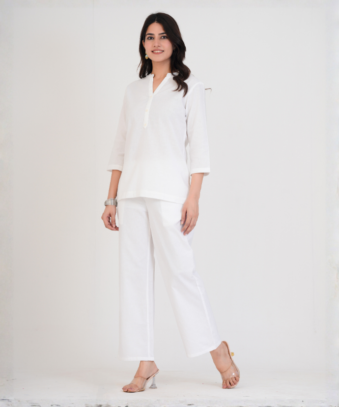 White Airy Linen Short Kurta Co-ord Set