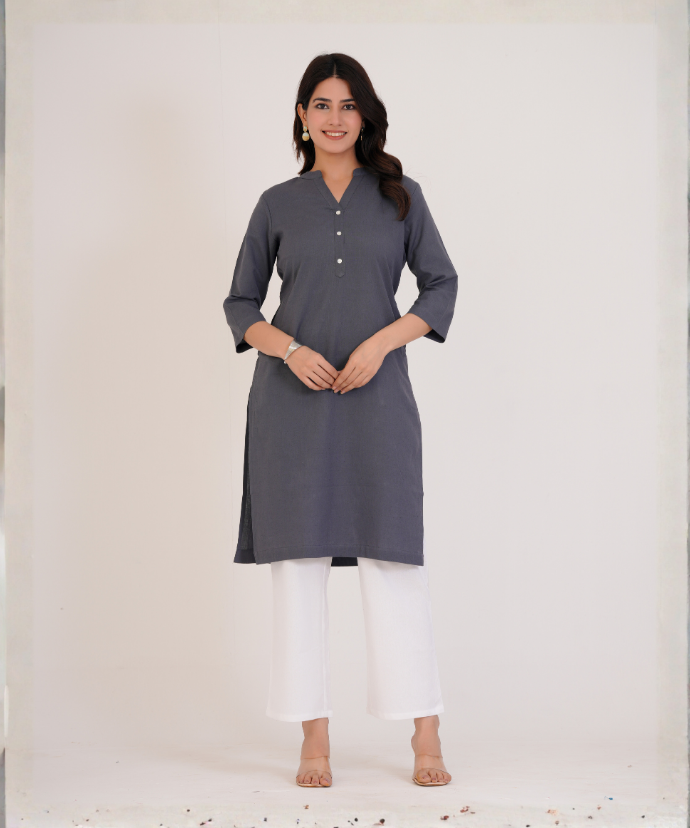 Slate Grey Airy Linen Long Kurta