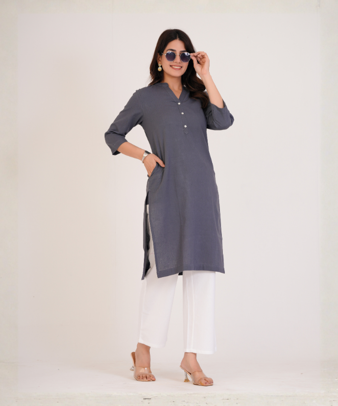 Slate Grey Airy Linen Long Kurta