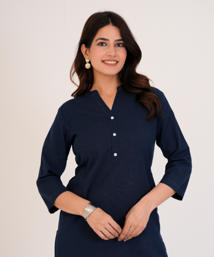 Navy Blue Airy Linen Long Kurta