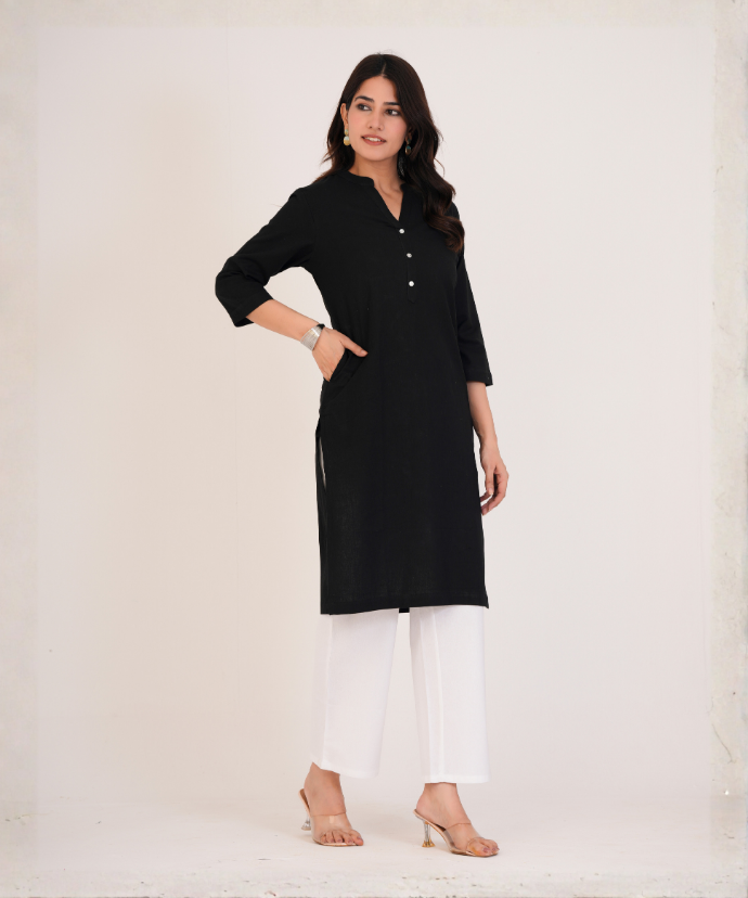 Black Airy Linen Long Kurta