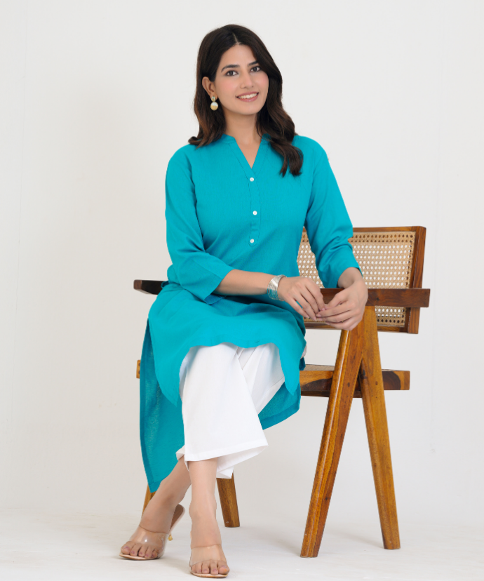Teal blue Airy Linen Long  Kurta