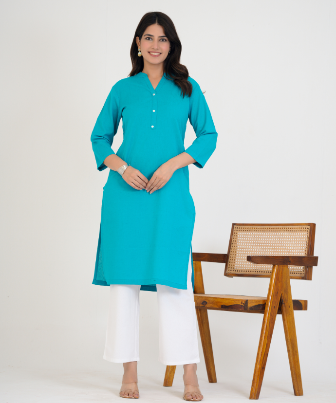 Teal blue Airy Linen Long  Kurta