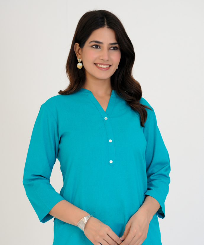 Teal blue Airy Linen Long  Kurta