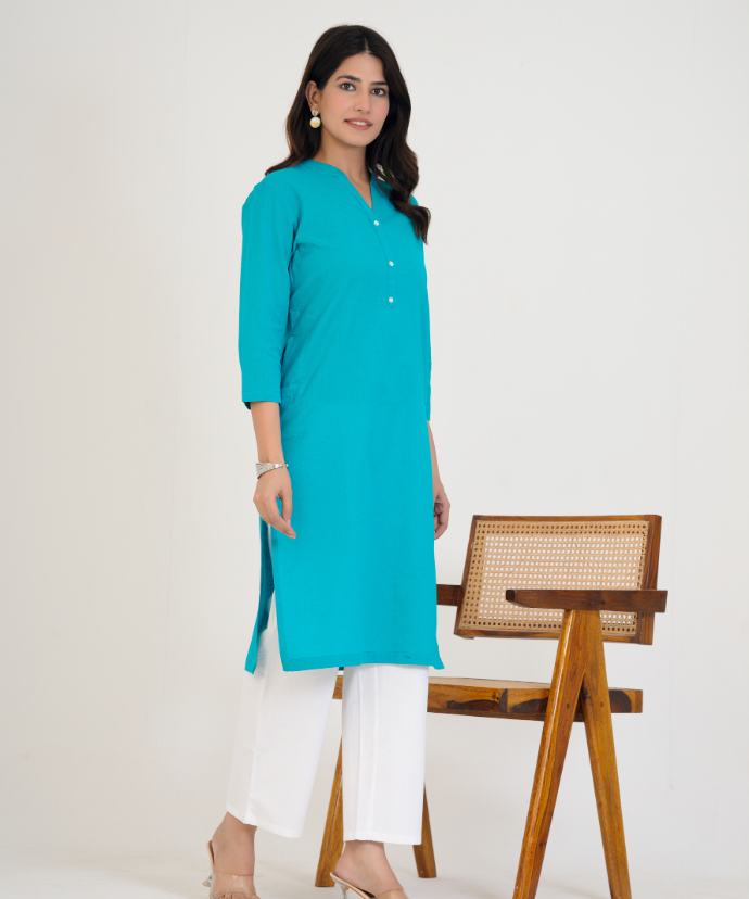 Teal blue Airy Linen Long  Kurta