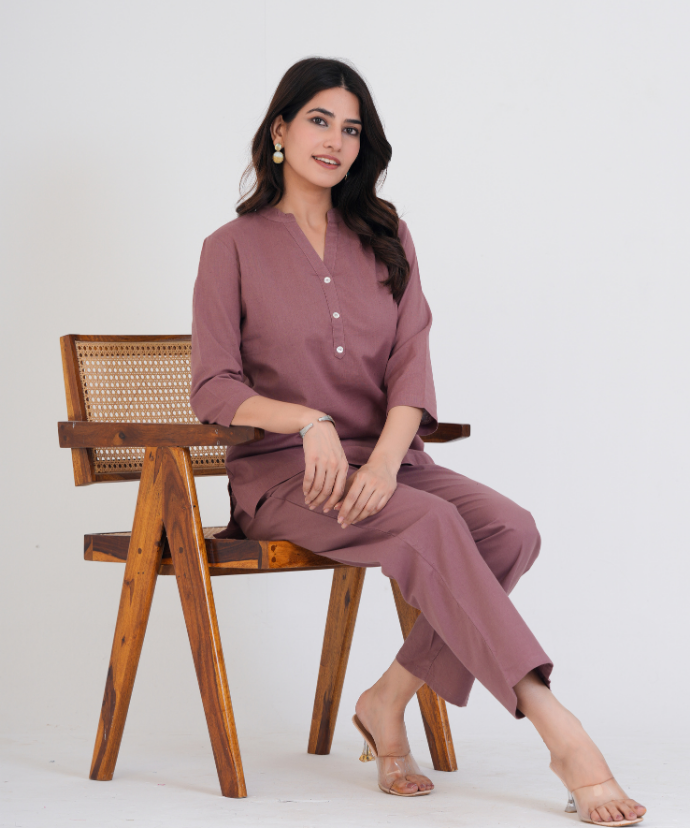 Rose Taupe Airy Linen Short Kurta Co-ord Set