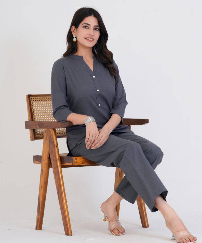 Cement Grey Airy Linen Short Kurta Co-ord Set