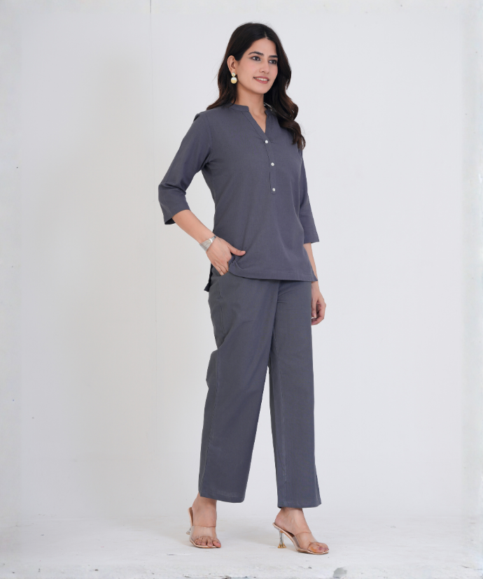 Cement Grey Airy Linen Short Kurta Co-ord Set