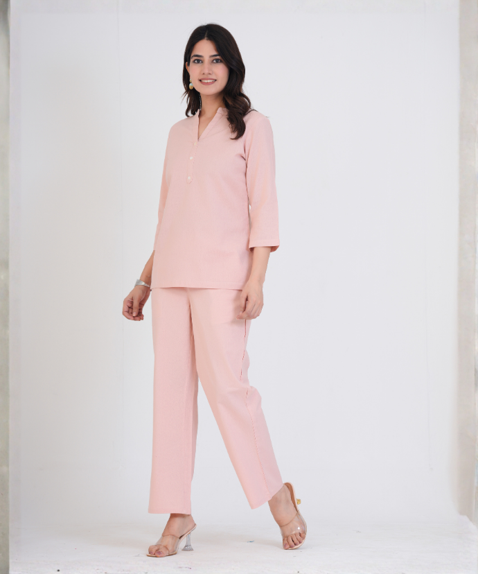 Salmon Pink Airy Linen Short Kurta Co-ord Set
