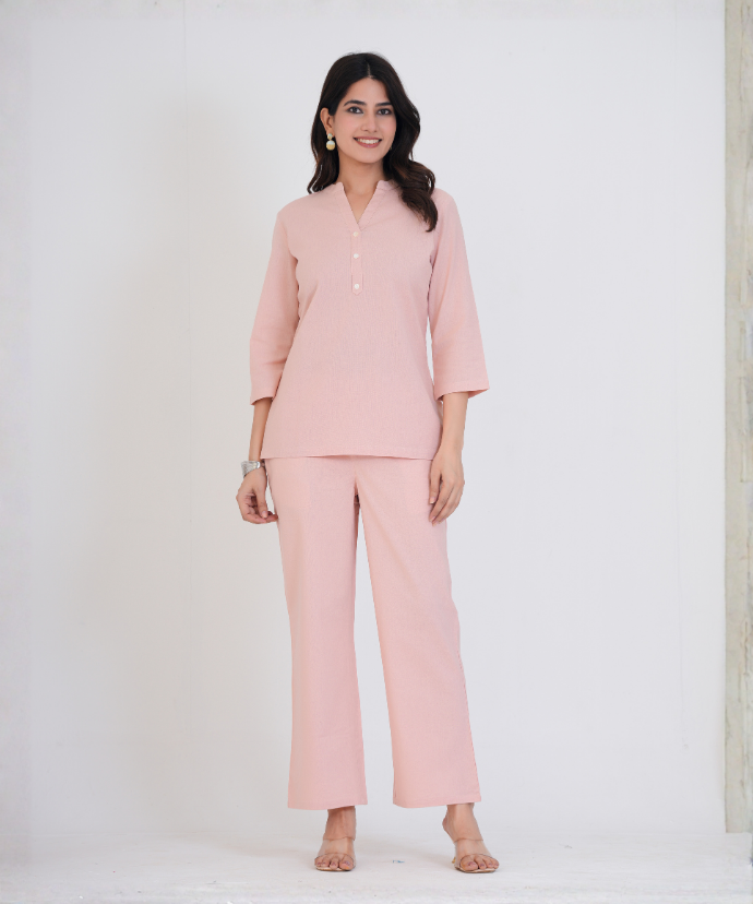 Salmon Pink Airy Linen Short Kurta Co-ord Set