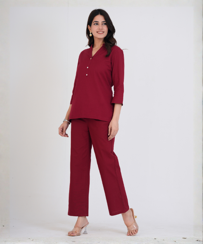 Maroon Airy Linen Short Kurta Co-ord Set