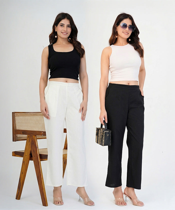 Black & Off-white wide leg cotton pant Combo