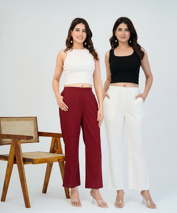 Off-White & Maroon Wide leg Cotton Pant Combo