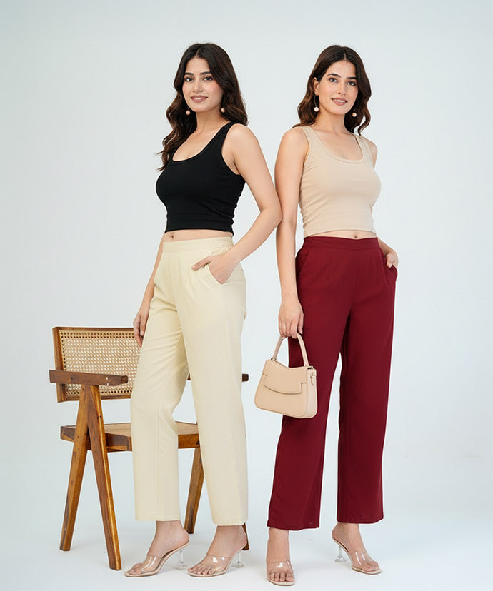 Beige & Maroon Wide Leg Cotton Pant Combo