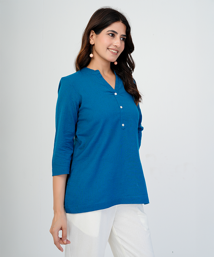 Turquoise Airy Linen Short Kurta