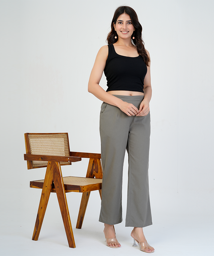 Grey  Wide Leg Cotton Pant
