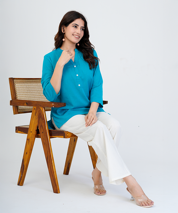 Teal blue Airy Linen Short Kurta