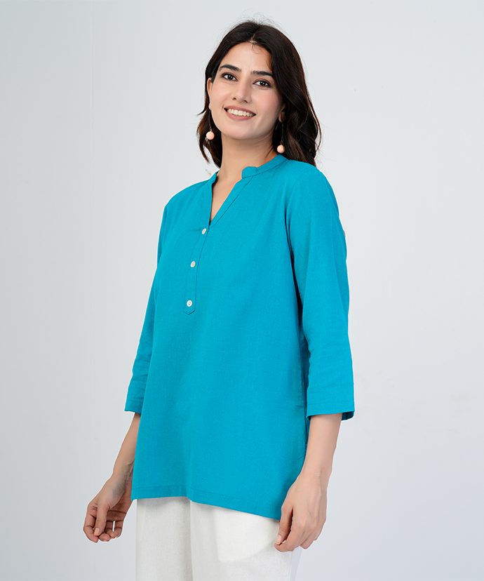 Teal blue Airy Linen Short Kurta