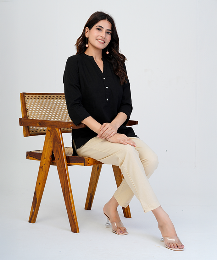 Black Airy Linen Short Kurta