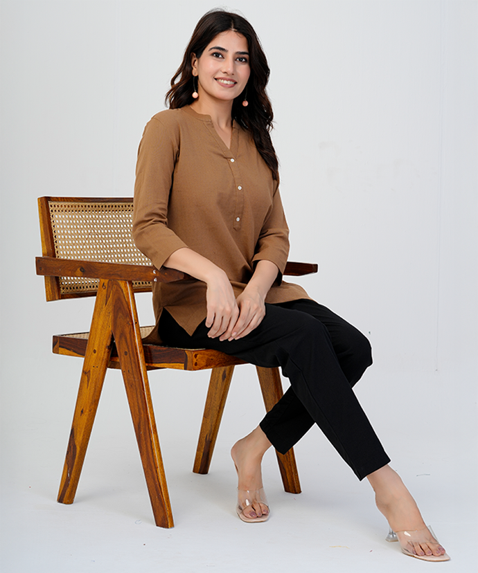 Coffee Brown Airy Linen Short Kurta
