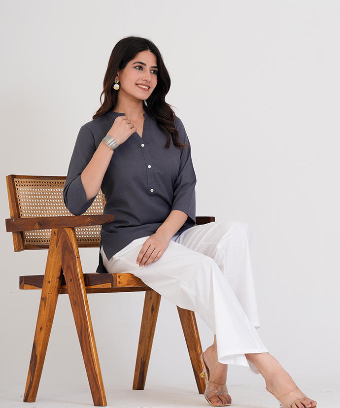 Slate Grey Airy Linen Short Kurta