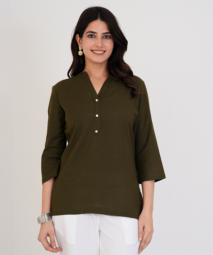 Olive Green Airy Linen Short Kurta