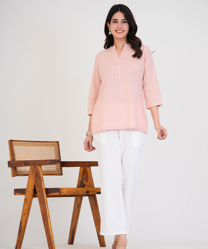 Salmon Pink Airy Linen Short Kurta