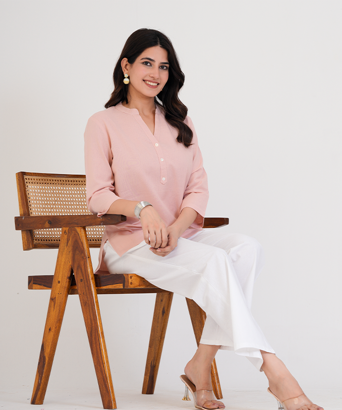 Salmon Pink Airy Linen Short Kurta